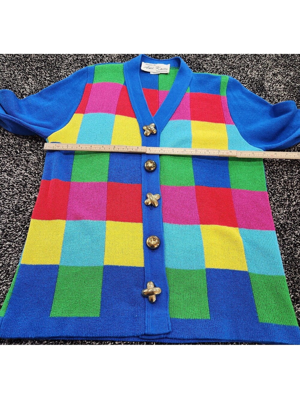 Vtg 80s Ami Knits Petites Colorblock Cardigan Sweater Womens 6 Multicolor Plaid - Picture 3 of 9